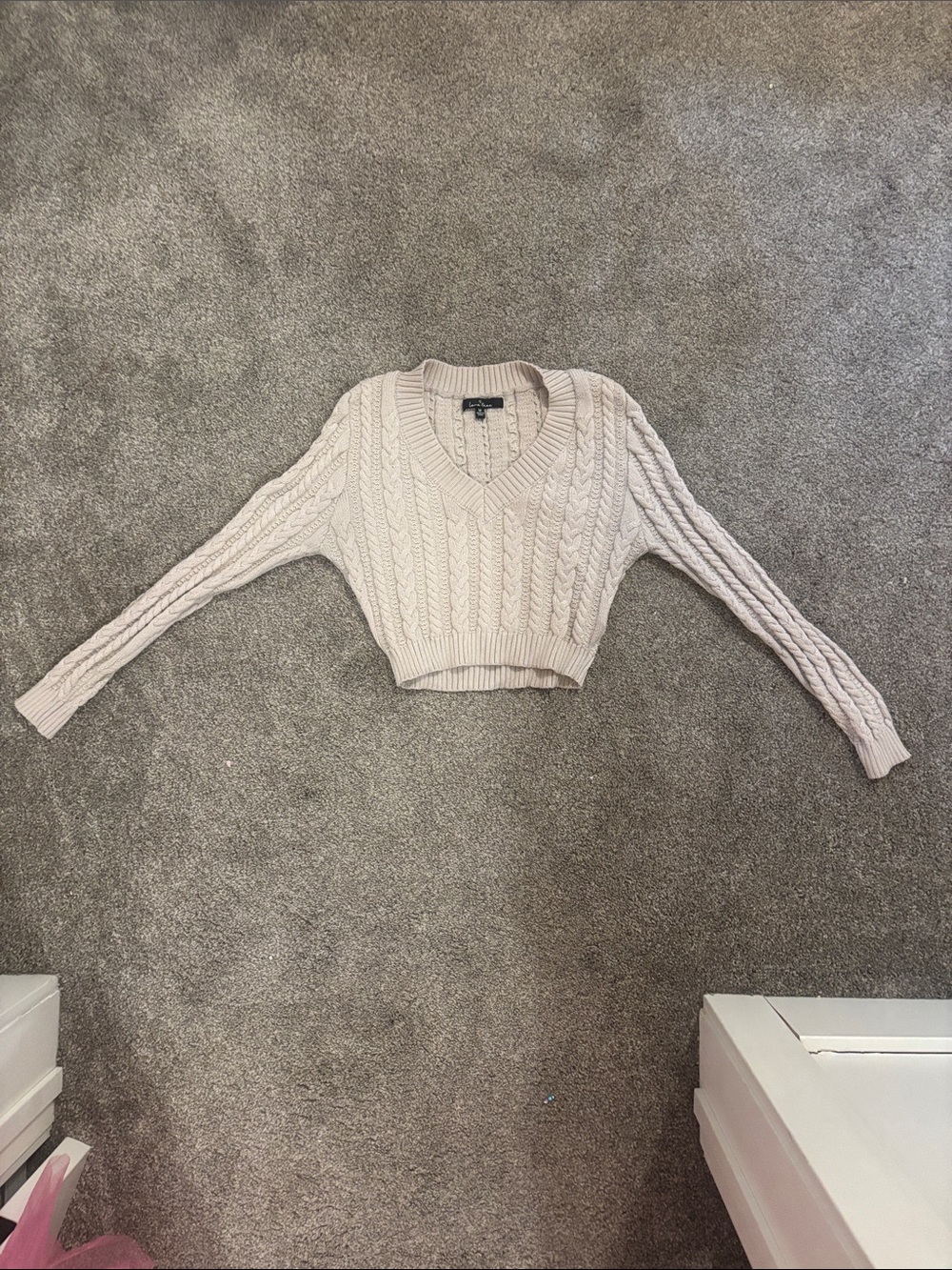 Love Tree Cream Cable Knit V-Neck Cropped Sweater